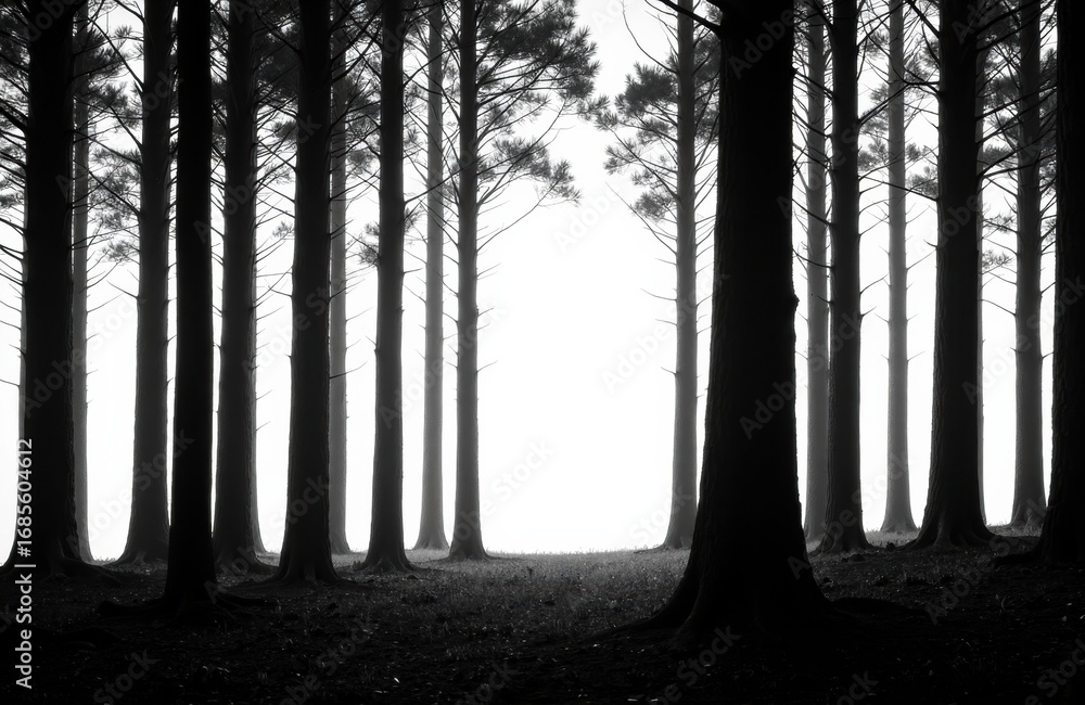 Poster silhouettes of tall trees in a dense forest with light shining through the gaps