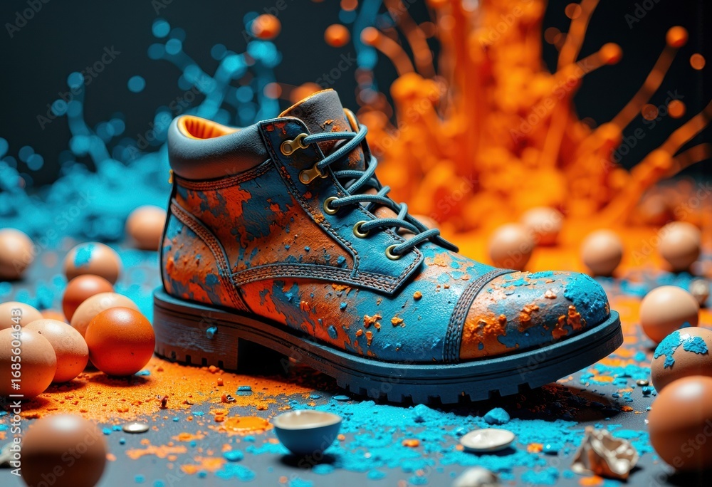 Poster colorful paint splattered boot surrounded by scattered eggs and vibrant splashes creating a lively a