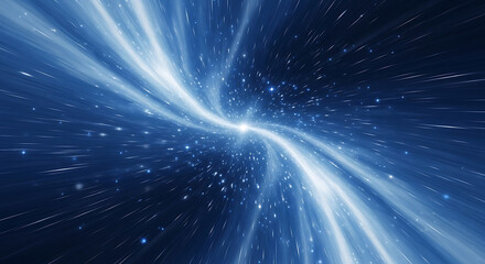 Hyperspace light speed travel through a wormhole in space with blue streaks and stars creating a sense of cosmic journey and exploration of the universe