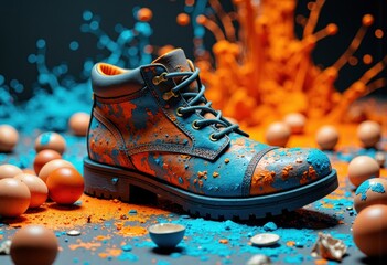 Colorful paint splattered boot surrounded by scattered eggs and vibrant splashes creating a lively artistic scene