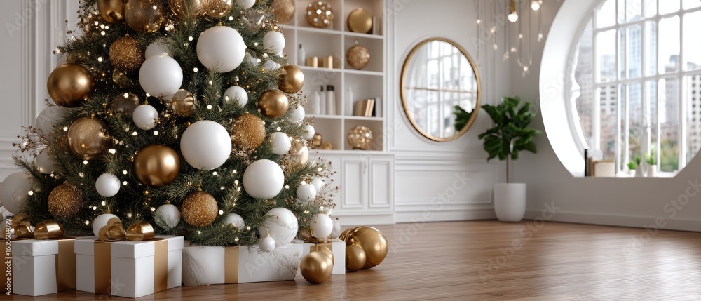 Poster a beautifully designed room features a large round window highlighting a decorated christmas tree, a