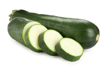 Whole and cut fresh zucchinis isolated on white