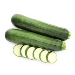 Whole and cut fresh zucchinis isolated on white, top view