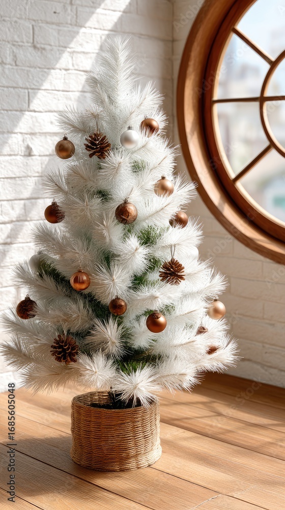 Poster a beautifully designed room features a large round window highlighting a decorated christmas tree, a