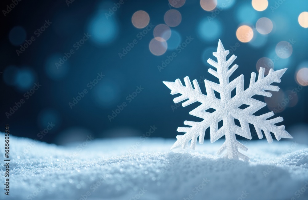 Poster a white snowflake resting on snow with a blurred blue bokeh background