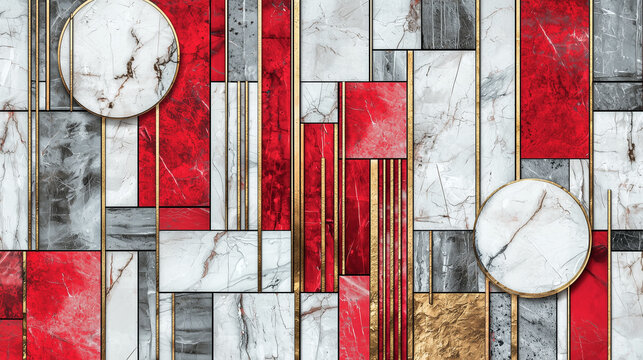Abstract geometric pattern with red, white, gray marble textures and gold metallic lines, luxury modern art background