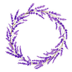 Circular lavender wreath.  Delicate, detailed sprigs of purple lavender form a complete ring.  Soft watercolor style