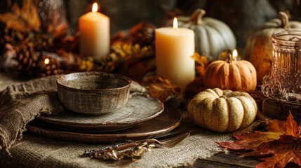Cozy Autumn Table Setting with Pumpkins and Candles
