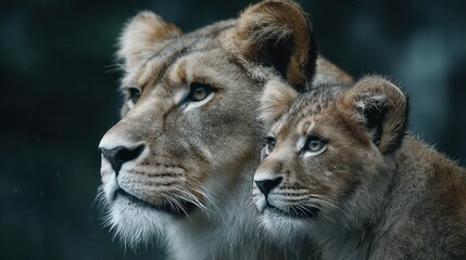 Obraz premium Lioness and Cub: A Close Up Portrait of Mother and Offspring