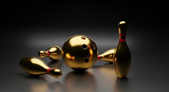 Luxury Golden Bowling Ball and Pins Displayed on Dark Background