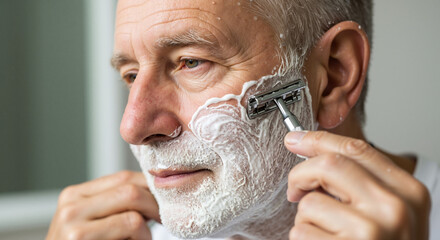 Senior man with gray beard shaving face with safety razor and shaving cream. Traditional grooming and men skincare for barbershop services and shaving product marketing campaigns