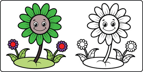 Cartoon Flower Character in Color and Black and White Depicting a Happy Flower on a Green Patch of Land