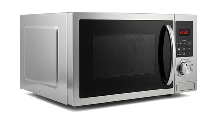 Fototapeta premium Sleek and Modern Stainless Steel Microwave Oven Isolated on White Background, Perfect for Kitchen Appliance Imagery and Product Showcase Purposes.
