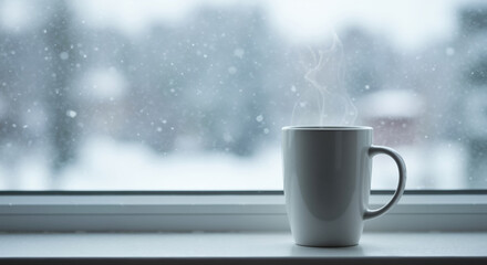 Steaming gray ceramic mug placed on windowsill with snow falling outside creating cozy atmosphere. Winter comfort concept for hot beverages and seasonal indoor relaxation moments