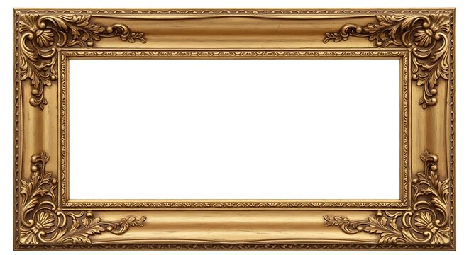 Ornate antique gold picture frame with decorative carvings and a white background
