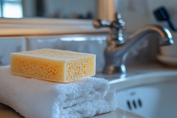 Yellow porous cleaning sponge rests on a fresh white towel next to a shiny chrome faucet in a clean bathroom sink setting.