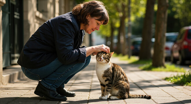 Woman petting tabby cat on urban sidewalk while crouching down outdoors. Human animal bond and street cats for animal welfare organizations and pet adoption campaigns