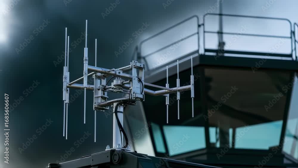 Poster Detailed view of adjustable antenna array atop mobile air traffic control tower enhancing communication ranges in temporary sites.