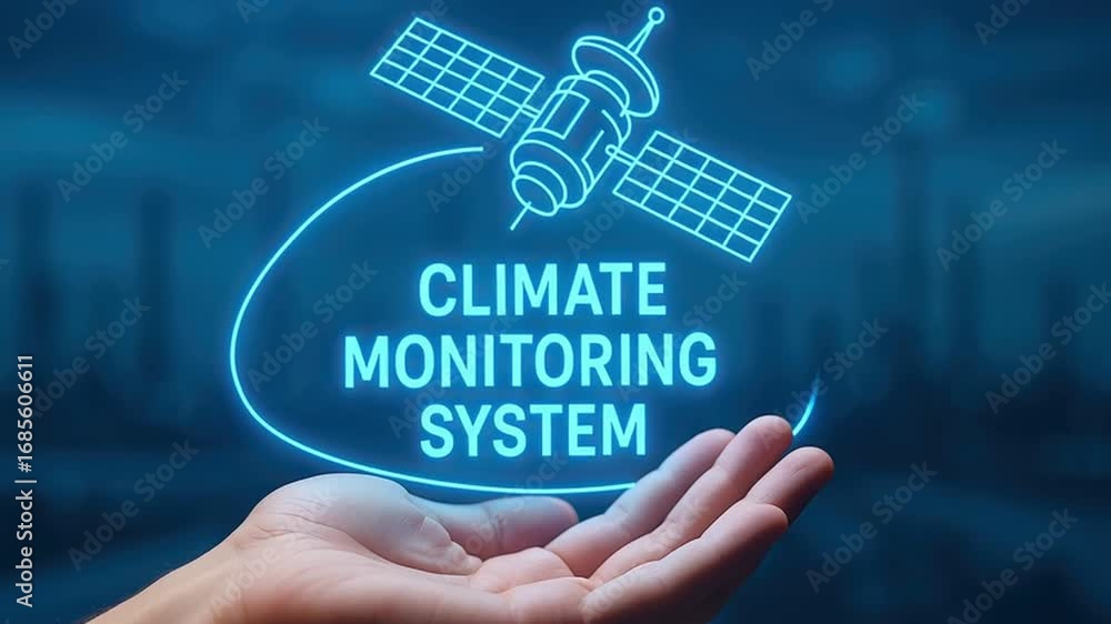 Poster climate monitoring system concept with satellite hologram glowing above open hand symbolizing futuri