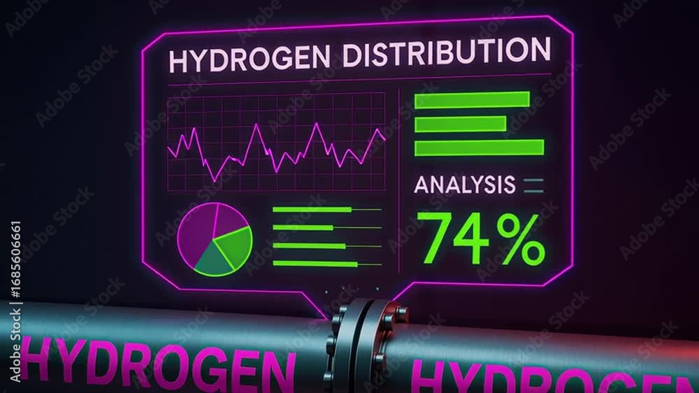 Aufkleber hydrogen pipeline glowing neon text digital display showing distribution analysis data charts futuri