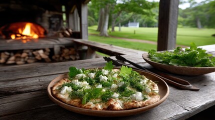 Enjoy a vibrant spread featuring fresh feta cheese and olives with tomatoes, all set against a picturesque backdrop