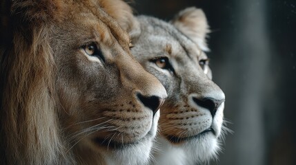 Close-up of Lion and Lioness Faces Side by Side, Looking to the Right