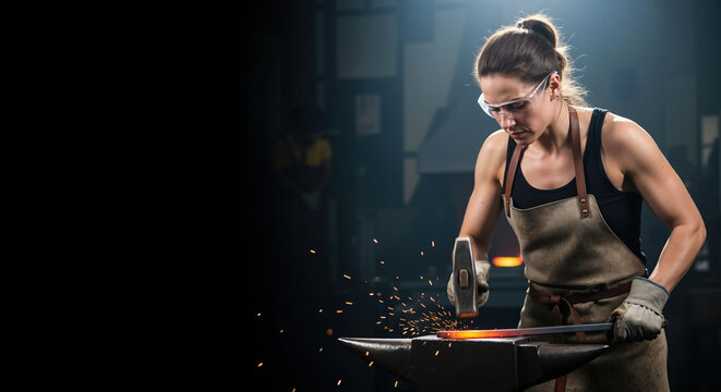 Woman metalworker hammering hot steel with sparks flying in industrial workshop setting. Metalworking craftsmanship and traditional blacksmithing for artisan services - Powered by Adobe