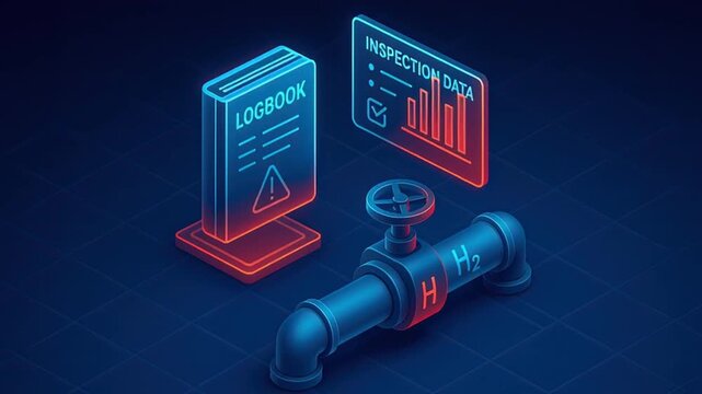 Hydrogen pipeline valve digital logbook inspection data display futuristic technology glowing neon blue red colors safety monitoring industrial gas systems