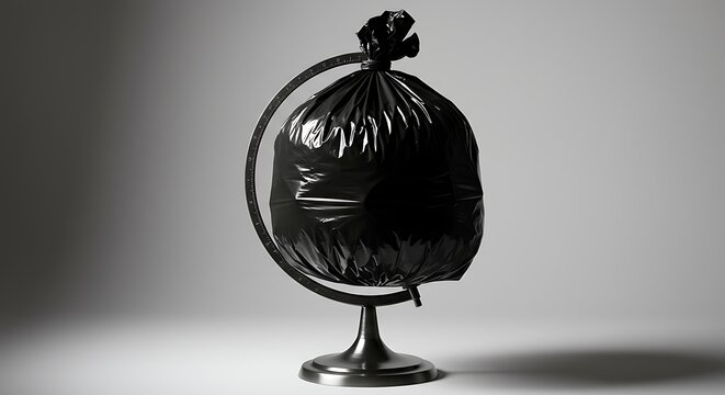 Global waste problem concept with globe and black trash bag, environmental crisis