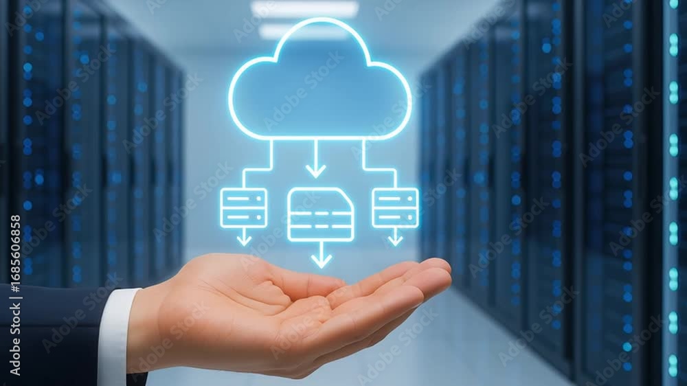 Poster cloud computing concept with hand and server room background featuring digital data storage, network