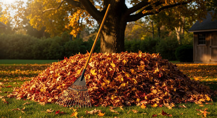 Wooden rake leaning against large pile of colorful autumn leaves in backyard garden setting. Seasonal yard work concept for fall cleanup and outdoor home maintenance activities