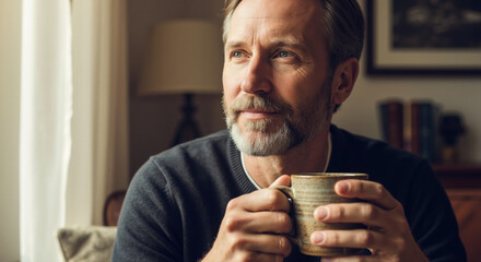 Mature man with beard holding ceramic coffee mug while gazing thoughtfully out window indoors. Morning routine concept for peaceful home lifestyle and contemplative relaxation moments