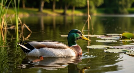 Fototapeta premium Mallard duck swims gracefully on a serene pond amidst lily pads and reeds