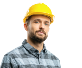 A confident construction worker wearing a yellow hard hat poses for a portrait.