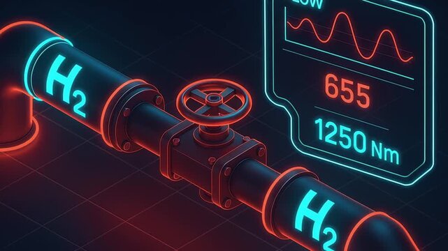 Hydrogen gas pipeline valve digital flow meter display showing pressure flow rate futuristic neon style glowing blue red lights industrial energy clean technology visualization