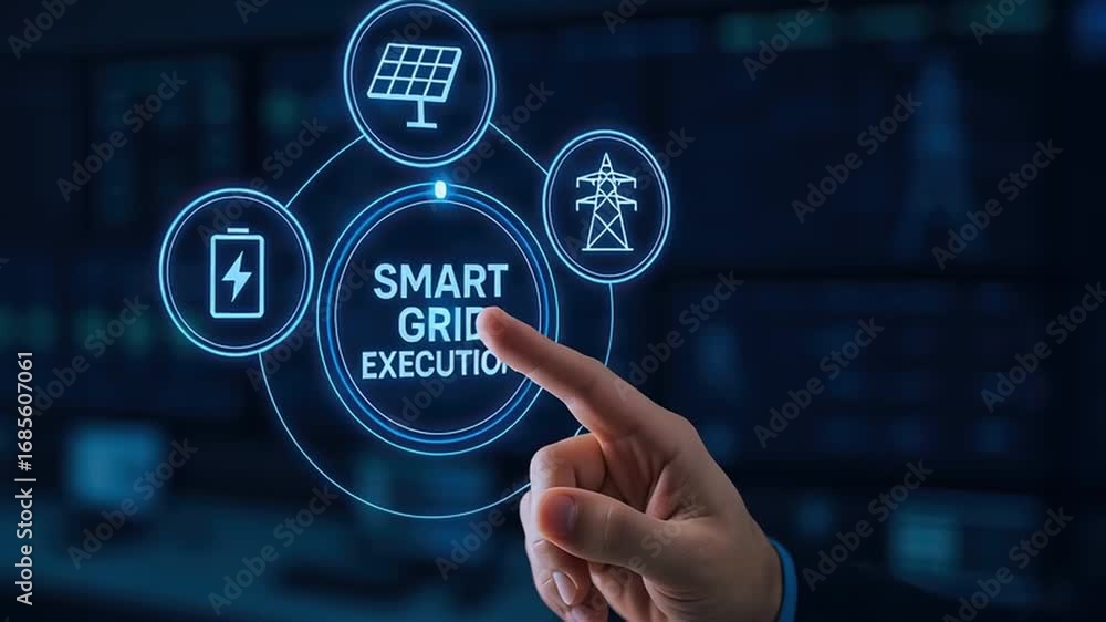 Poster smart grid technology execution concept with hand pointing glowing digital interface showing energy 