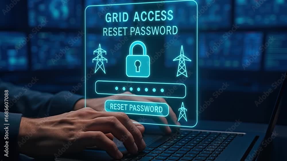 Poster grid access reset password security concept with hands typing on laptop keyboard and digital lock ic