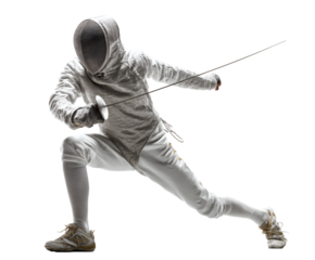 A fencer in action, holding épée, demonstrating skill and focus in a fencing bout.