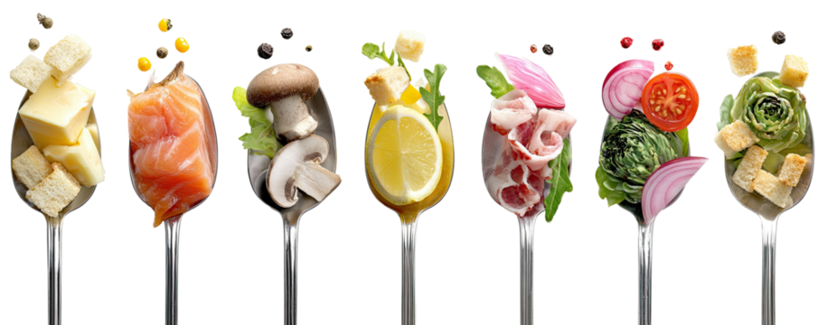 Colorful culinary ingredients artfully arranged on spoons