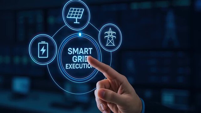 Smart grid technology execution concept with hand pointing glowing digital interface showing energy icons including battery, solar panel, power transmission tower, and futuristic blue holograms