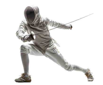 A fencer in action, holding épée, demonstrating skill and focus in a fencing bout. - Powered by Adobe