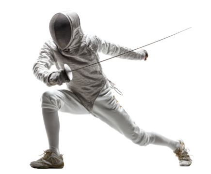 A fencer in action, holding épée, demonstrating skill and focus in a fencing bout. - Powered by Adobe