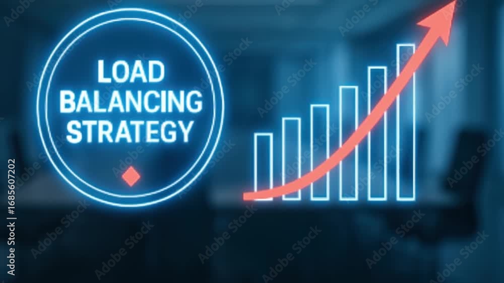 Poster load balancing strategy with rising graph arrow and digital interface in office business environment
