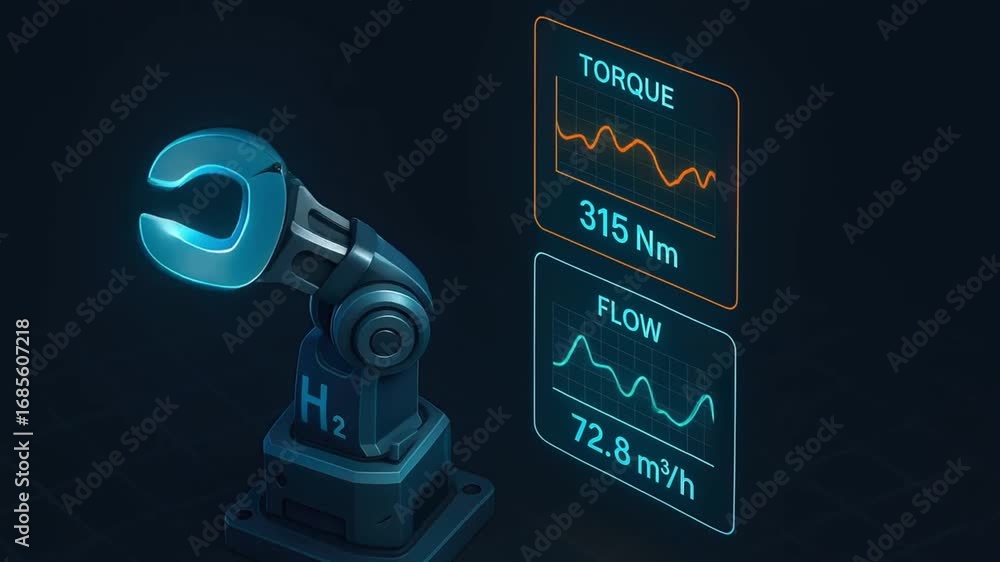 Poster robotic arm with glowing claw and digital interface displaying torque and flow data featuring futuri