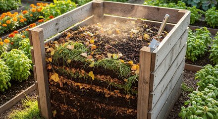 Wooden compost bin filled with organic waste and decomposing materials in vegetable garden setting. Sustainable gardening concept for eco composting and natural soil enrichment systems