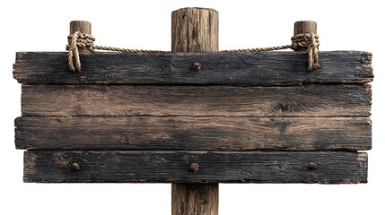 A rustic wooden signpost with two weathered planks attached to a central wooden pole, suspended by ropes and nails.