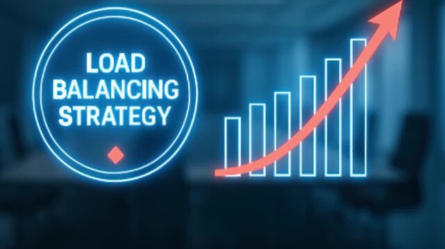 Load balancing strategy with rising graph arrow and digital interface in office business environment showing growth and efficient resource management for success