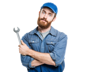 A mechanic holding a wrench, ready to fix or repair something.