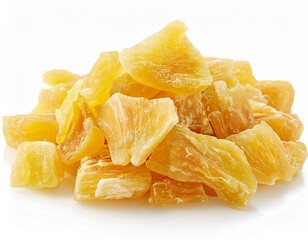 a heap of diced dried pineapple pieces isolated on a white white background