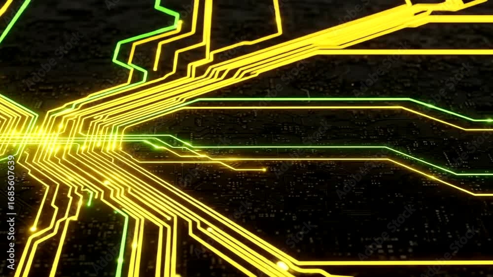 Poster futuristic circuit board animation: high-tech electronic system visualization with data flow,